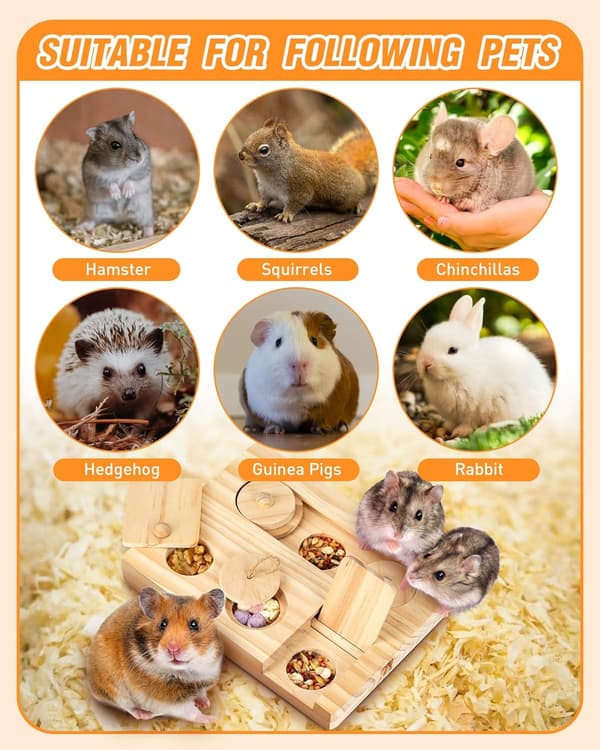Marsvinefoderlegetøj, 6-i-1 hamster træ interaktivt berigelseslegetøj, lille dyregodbid dispenser