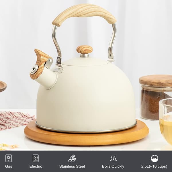 2,6 Quart/2,5 Liter Plystrende Tekanne, Justerbart Nylonhåndtak med Trekorndesign, Kapselbunn, Hvit.