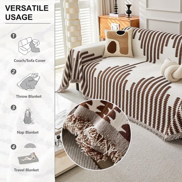 Vendbart dobbeltsidet chenille-sofabetræk, skridsikkert sofabetræk behageligt sofahåndklæde til hunde katte med kvast, alle årstider (brun, 70,87 * 70,87'')