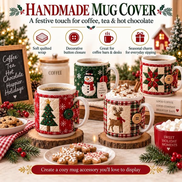 Quiltat muggfodral för julen, sömnadskit, DIY julpysselkit, alla 8 delar
