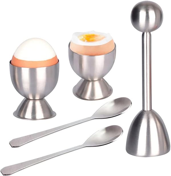 Simpel æggeåbner i rustfrit stål, omelet hat sæt (5 dele), inklusive 2 kopper, 2 skeer, 1 hat skærer og skal separator.