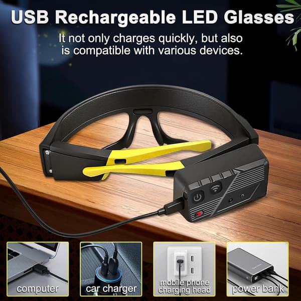 Genopladelige LED-briller med bevægelsessensor - 5 tilstande, USB-C, håndfrit lys til løb og camping (2-pak)