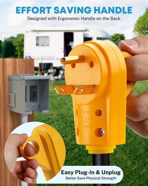 Bobilerstatningsplugg 30 Amp hann, 125V bobilstikkontakt, kraftig bobilelektrisk campingvognadapter med ergonomisk grep, gul B