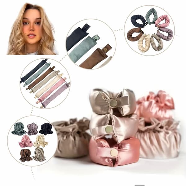 Satin Overnight Curling Set med Hårmössor och Rullar för Långa, Värmefria Lockar - 3 Set