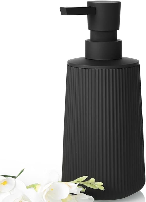 Sæbedispenser, håndspritdispenser, med rustfri pumpe, egnet til badeværelses- og køkkenbordplader, stribet design.