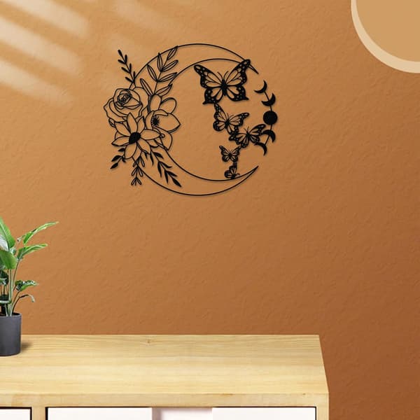 Måne Sommerfugl Metal Vægdekoration Boho Vægkunst Blomster Boho Væg Ha