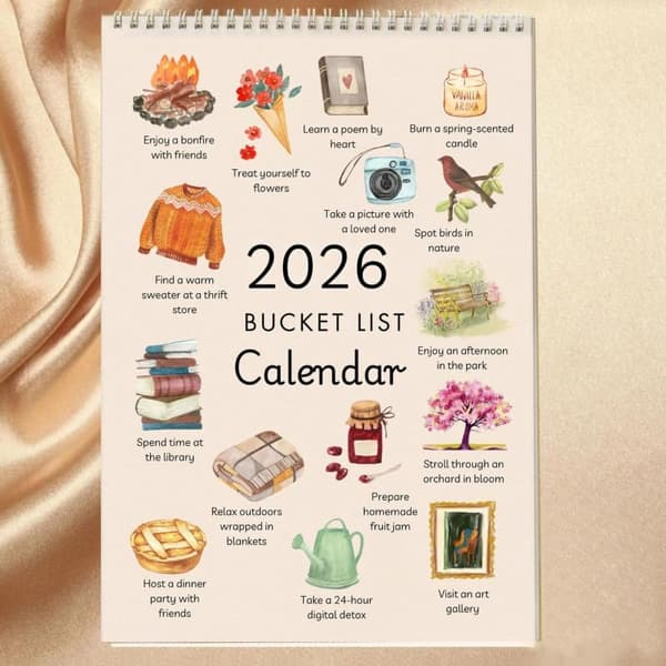 2026 Bucket List-kalender, konstnärlig akvarellkalender, skrivbords-tidspåminnelsekort