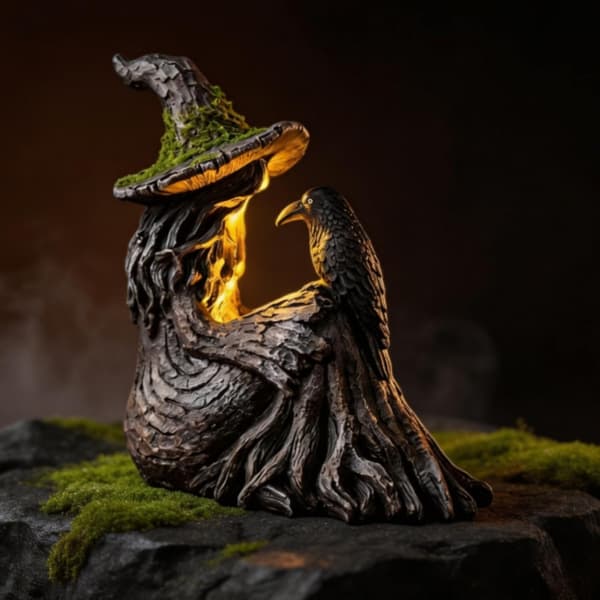 7.09\" Halloween Mosset Træheks Med Krage Lysende Figur (med Lys)