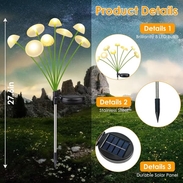 2PK 16LED Solcelle Hagelys Utendørs, Sopp Solcellelys Utendørs, IP65 Vanntett Sankthansormlys Ute Dekor Varm Hvit