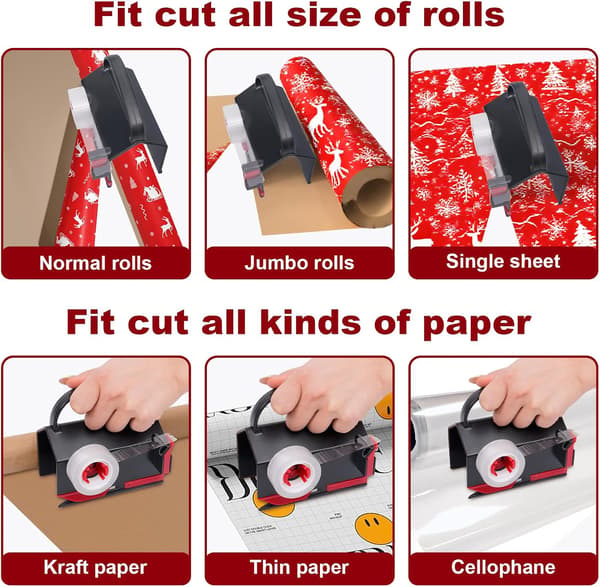 2-i-1 presentpappersskärare & tejphållare, med 4 tejprullar & 2 blad