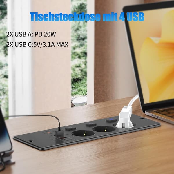 Indfældet stikdåse - 3-vejs med 2 USB, bordstikdåse med 2 USB C, 3 afbrydere, 2 m kabel black