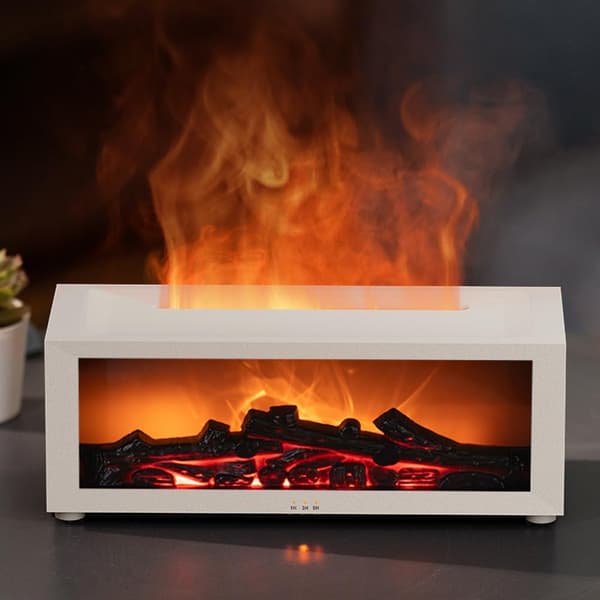 Diffuser og luftfugter med pejsflammedesign - Opgraderet version, med 7 flamme farver og lydløs drift. white