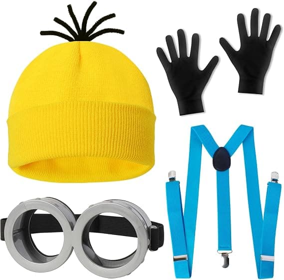 4 stk. Halloweenkostume til voksne, gul hat/briller/handsker/seler