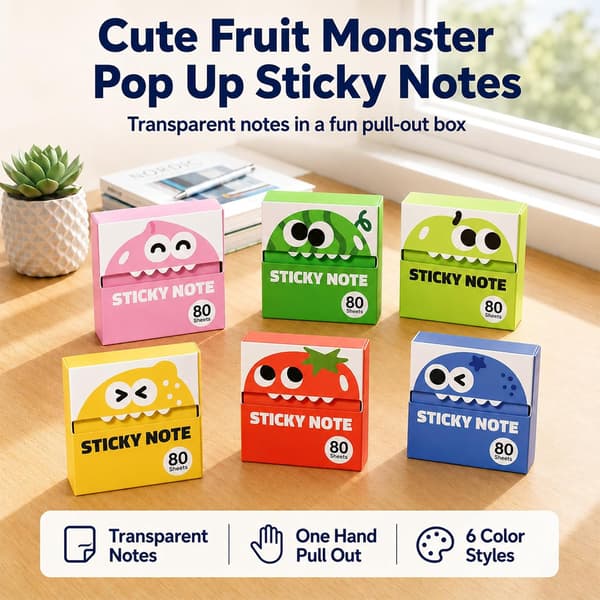6 æsker med gennemsigtige pull-out sticky notes (i alt 480 ark) - Søde frugt-monster pop-up sticky notes, kontorartikler og arbejdstilbehør