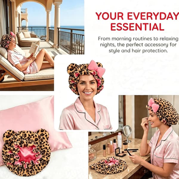 Sød Leopardprint Teddy Hætte Sovehætte til Kvinder Blødt Satinforet Spa Hårbånd med Sløjfe til Hårbeskyttelse A