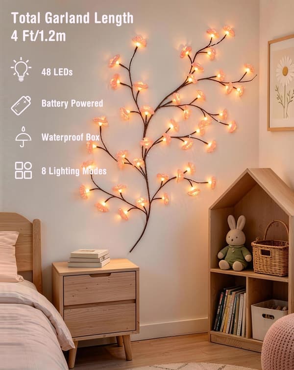 Kirsebærblomstlys for soveromsinnredning, 1,2 m 48 LED-blomsterlys