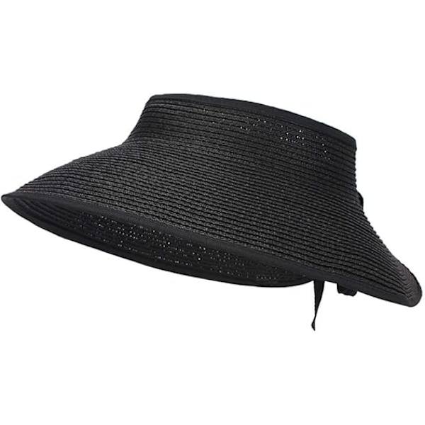 Stor Strandhatt i Halm för Kvinnor, Vikbar Bredbrättad Hatt för Dam, Solskydd, Bucket Hat med Rosett Black