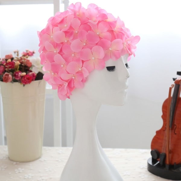 Svømmehette for kvinner, blomstret retro 3D, blomstermønster pink