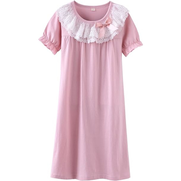 Mamma & flickors matchande spetsnattlinnen & rosett nattlinnen 100% bomull nattkläder för småbarn Pink 140cm