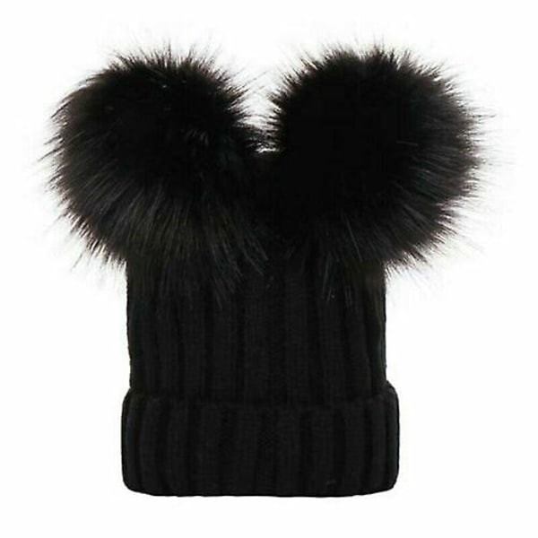 Nyfödd Baby Pojke Flicka Dubbel Pälsboll Mössa Vinter Varm Stickad Toffsmössa Black Adult