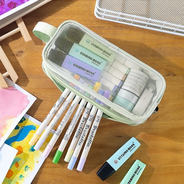 Mesh Blyantveske, Stor Transparent Blyantveske med 2 rom og Glidelås, Klar Blyantveske Kontorrekvisita for Skole Hjem Kontor, Eksamen Blyantveske Lightgreen