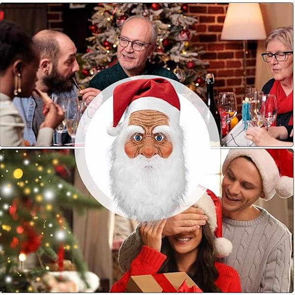 Jultomte Latexmask med skägg och hatt | Realistisk Latex Jultomte Helmask | Nyhet Rolig Simulering Jultomte för Rollspel A