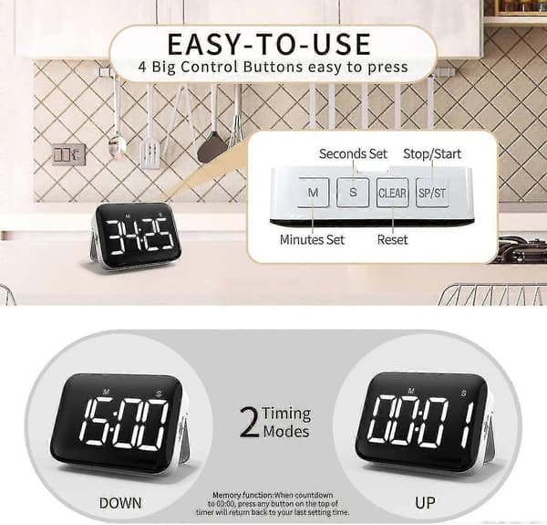 4 tommer digitalt køkkenur med stort LED-display og justerbar magnetisk timer