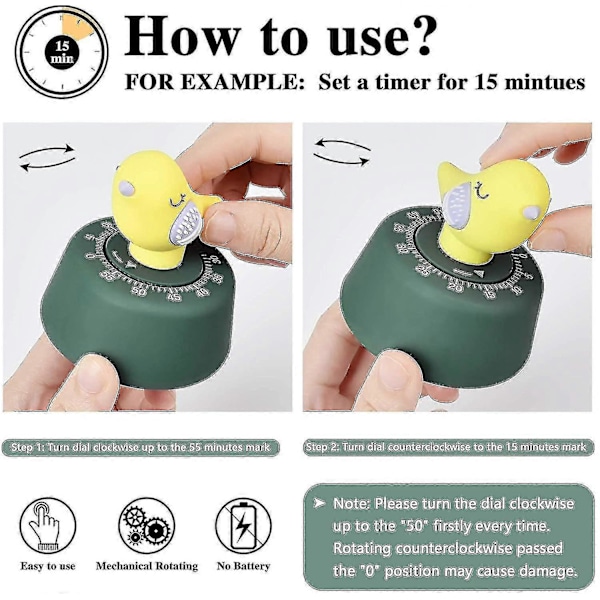 Kökstimer Mekanisk Uppdragning 60 Minuter Timer Söta Djur Matlagningstimer För Barn Hantera Tid, Bakning Green