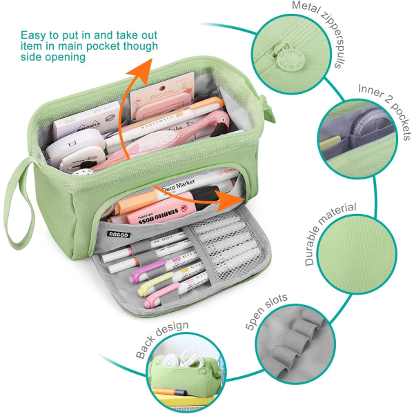 Suuri kynäkotelo Super Big kynäkotelo vetoketju Smoothy kynäkotelo pussi pidike Stationery Organizer Duarable School kynäkotelot teini-ikäisille tytöille pojille Green