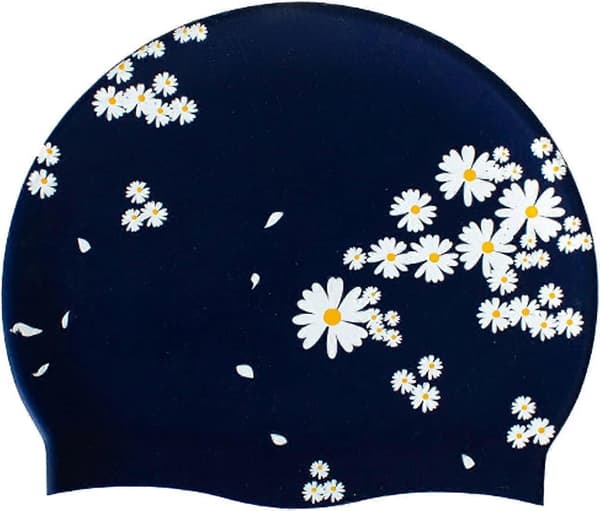 Silikonebadehætte til kvinder og piger, vandtæt blomsterprintet badehætte til langt hår (marineblå)