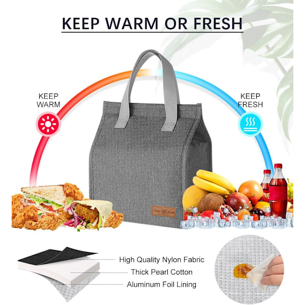 Lunsjposer for Kvinner Menn, Bærbar Isolerende Lunsjpose Vannresistent Lekkasjesikker Lunsjboks Tote Bag for Barn Jenter Gutter Voksne Grey