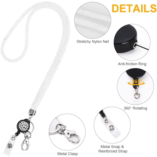 Kortholder med Lanyard, Krystall Lanyard med Transparent ID-kortholder, Lanyard og Badgeholdersett, Nøkkelring Badgeholdere og Halsbånd for Nøkler Plain White