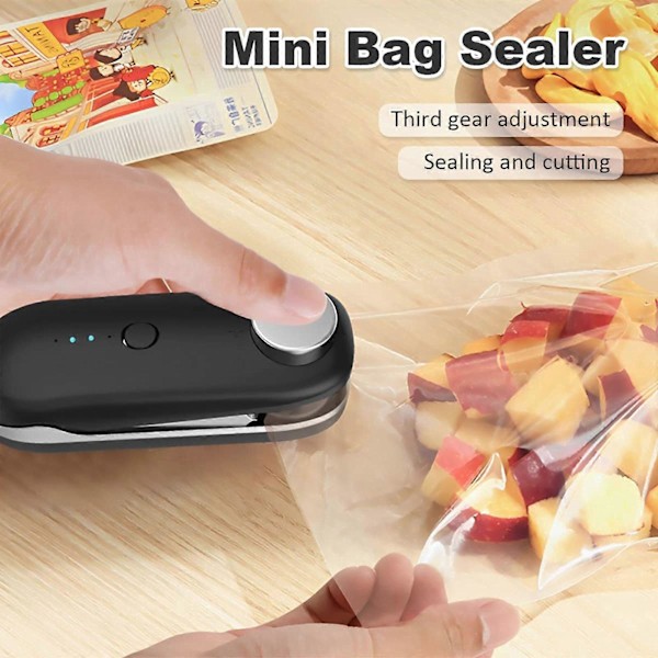 Mini Folieforsegler 2 i 1 Poseforsegler med Skærer - Håndholdt Mini Forseglingsmaskine til Poser og Plastfilm - USB Genopladelig og Bærbar (Hvid) White
