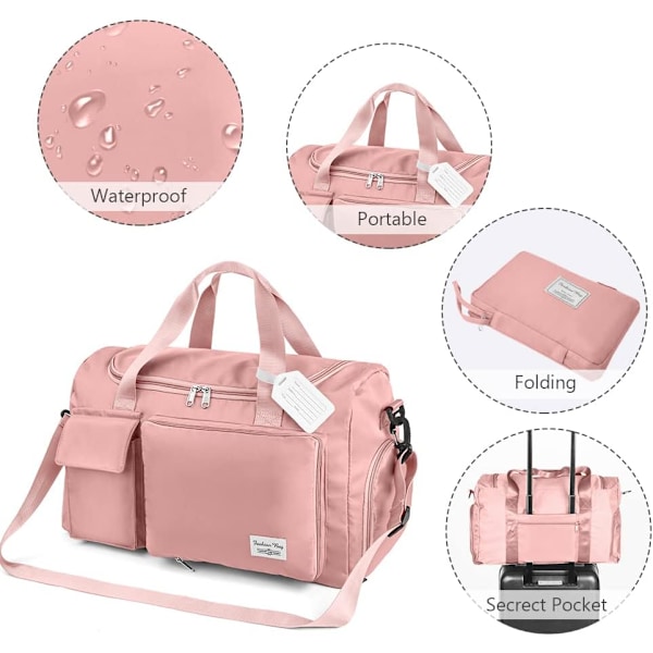 Reise Duffel Bag, Foldbar Gym Bag, med Vått og Tørt Separasjonspose, Stor Holdall Bag Kabin Bag for Sport og Reise Pink