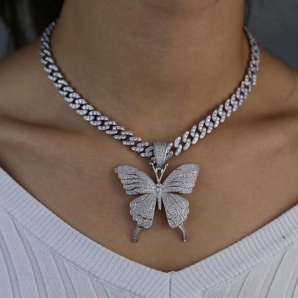 Full Crystal Pave Butterfly Hänge Kubansk kedja Cubic Charm Tennis Chain Halsband Modesmycken