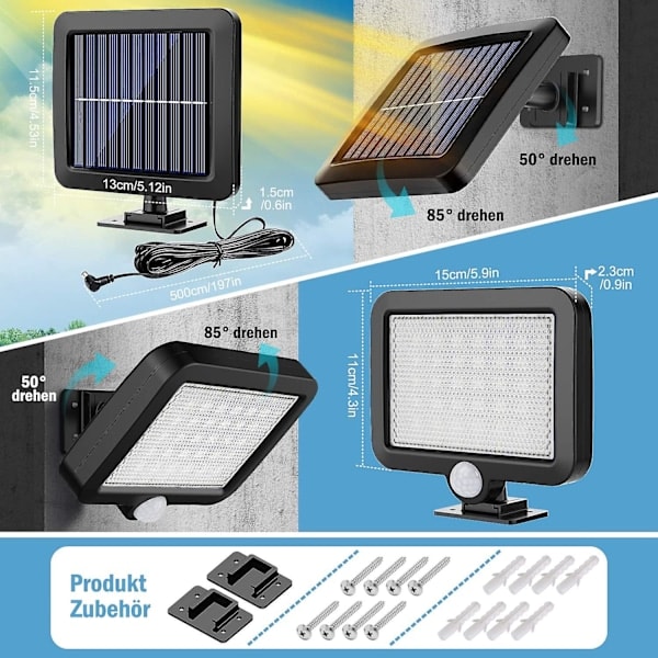 2-pakks solcelled LED-utelys med bevegelsessensor, IP65 vanntett, 120 graders belysningsvinkel, solcellevegglys for hagen