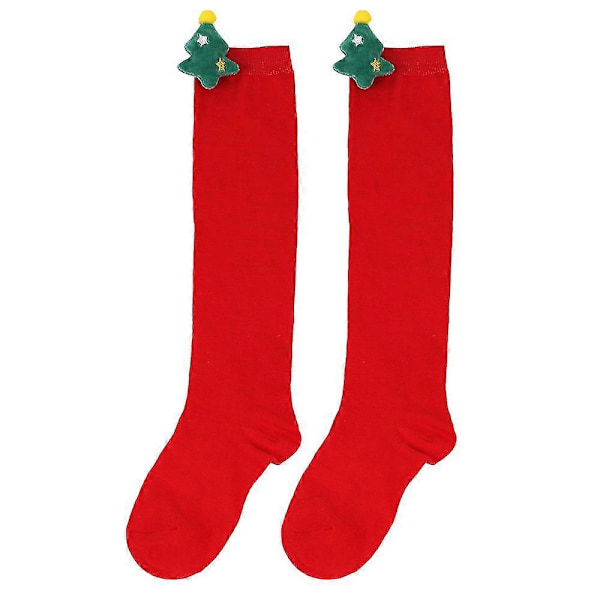 Nye efterårs- og vinterbørns julestrømper, søde plysdukkestrømper, knæstrømper, stribede strømper, tegneseriedukkestrømper 15 Pure Red Christmas Tree