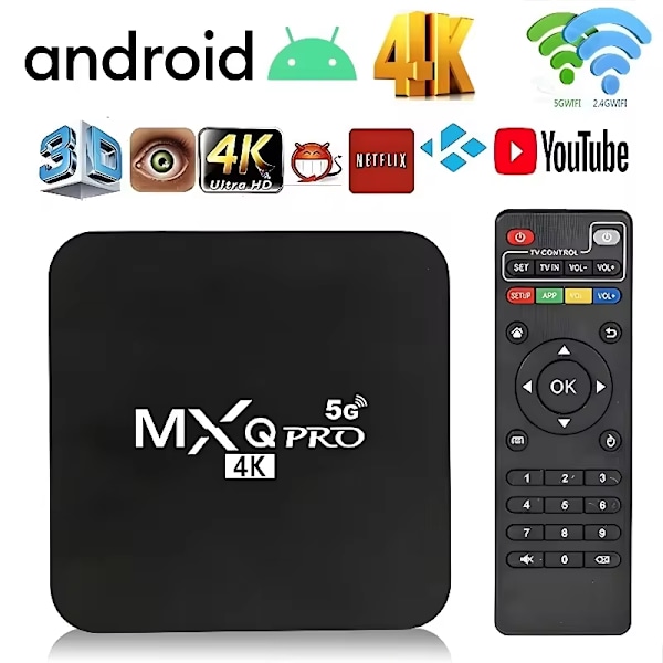 MXQ Pro 5G 4K Android TV 14.0 Boks, RAM 1GB ROM 8GB Android Smart Boks Dual 2.4G/5G Band WiFi Quad Core Home Media Player