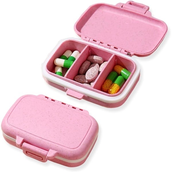 2-pack liten pillerask med 3 fack, daglig pillerask för fickan, resepillerask, portabel pillerbehållare Pink