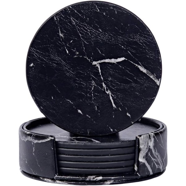 6 Pack High Quality PU Leather Coasters with Holder, Round Coaster Mat Set - Marble Black Pattern（black）