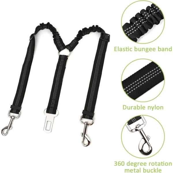 Dubbelt säkerhetsbälte för husdjur, justerbart med elastisk bungee