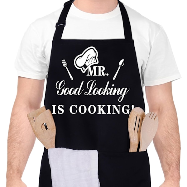 Morsomme forklær for menn, MR Good Looking is Cooking, Profesjonelt kjøkkenforkle Kokk Mann Bib forklær med dobbel lomme justerbar