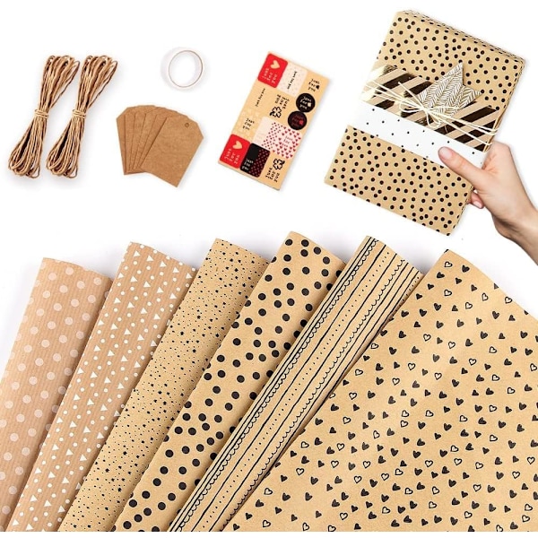 Presentpapper, 6 st födelsedagspresentpapper ark återvinningsbart presentpapper med 6 presenttaggar, 2 rep, 1 dubbelsidig tejp, 1 klistermärke, brunt presentpapper