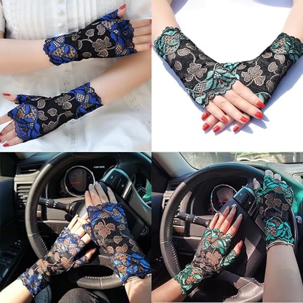 Korta spets handskar för kvinnor, 2 par spets blommiga solskydd fingerlösa handskar, solskydd körhandskar elastiska
