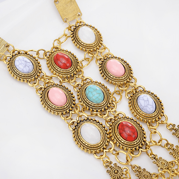 Elegant Bohemian Rose Retro Rhinestone Turkis Sølv Gull Langt Etnisk Kjede Halskjede For Kvinner B