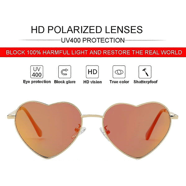 SDIGV Polariserte Hjerte Solbriller for Kvinner Mote Nydelig Stil Metallramme UV400 Beskyttelse Linse Gold Red Mirror