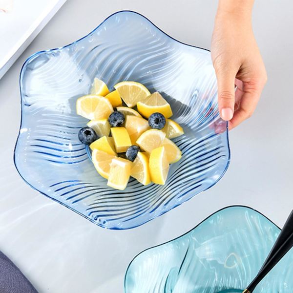 Fruktfat, Kristall Serveringsfat, Klar Salladskål, Snacks Dessertfat, Blomma Form Vågig Kant Platta Blue
