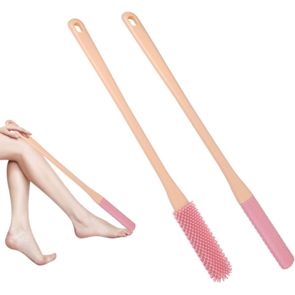 2-pack tåmellanrumsrengöringsborste, långskaftad fotskrubb för dusch, silikon duschfotskrubb tå för tå (rosa)