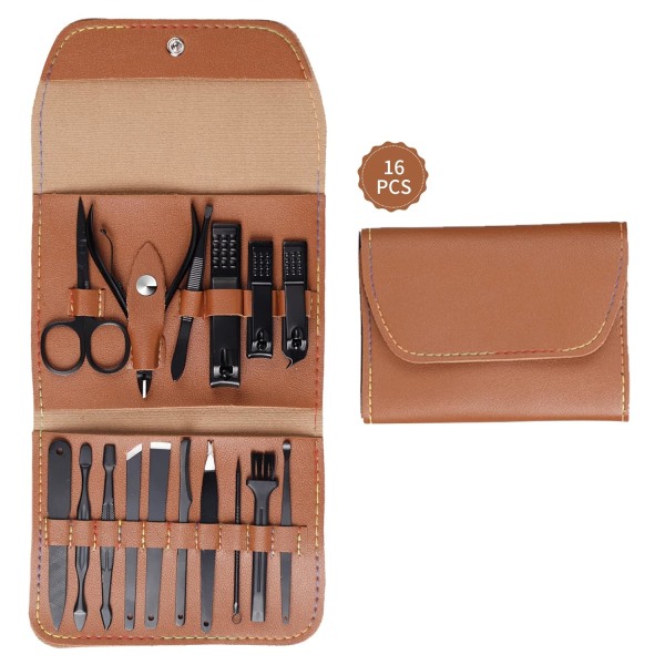 Nail Kit Personal Care, 16 i 1 Professionell Nail Clipper Set, Nail Kit Beauty Kit (Brun)