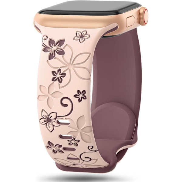 Blommiga graverade remmar kompatibla med Apple Watch-remmar för kvinnor, söta blommiga iWatch-band mjuka silikon sportremmar för iWatch-serien Pink/Smoky purple 38/40/41mm